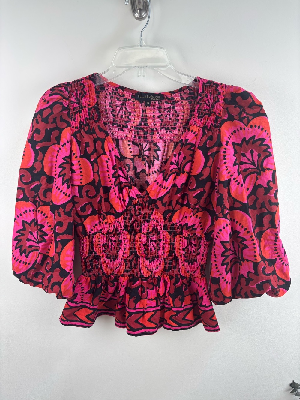 House of Harlow 1960 Pink & Black Smocked Floral Peplum top size small